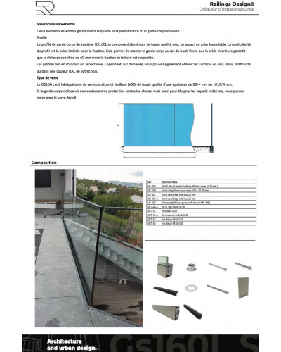 GS160L Das Glasgeländer für die Wandmontage